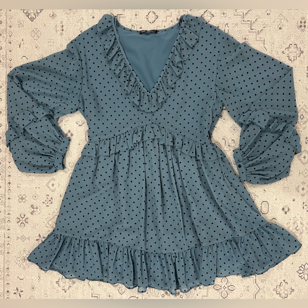 Zara Blue And Black Polka Dot Puff Sleeve Mini Dress With Ruffle Details- Small